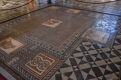 Theseus Mosaic, discovered in the floor of a Roman villa at the Loigerfelder near Salzburg (Austria) in 1815, 4th century AD, Kunsthistorisches Museum Vienna, Austria (21054541312).jpg