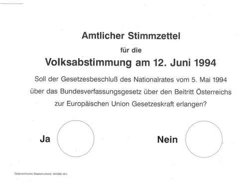 Stimmzettel der Volksabstimmung am 12. Juni 1994 (66,6 % Ja).