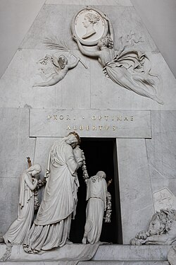 Die Tugend trägt eine Urne, begleitet von Mädchen mit Todesfackeln