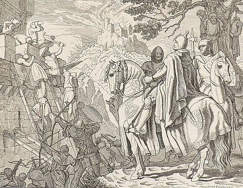 Hermann Plüddemann - Rudolf I of Habsbourg fighting against Ottokar II of Bohemia, 1276.jpg
